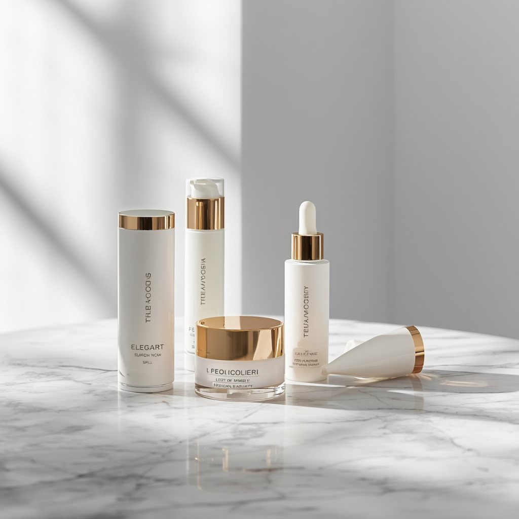 Bộ dược mỹ phẩm Du2LAB trên bàn marble